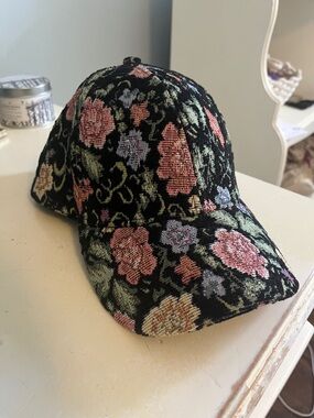 Little Moon Floral Embroidered Black Baseball Cap - Women Accessories